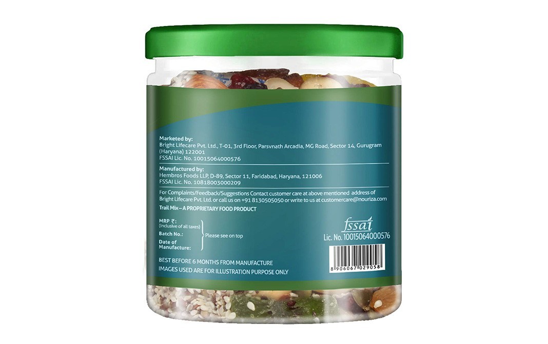 Nouriza Wholesome Trail Mix (Dried Fruits, Nuts, Berries, Seeds & Raisin)   Plastic Jar  200 grams